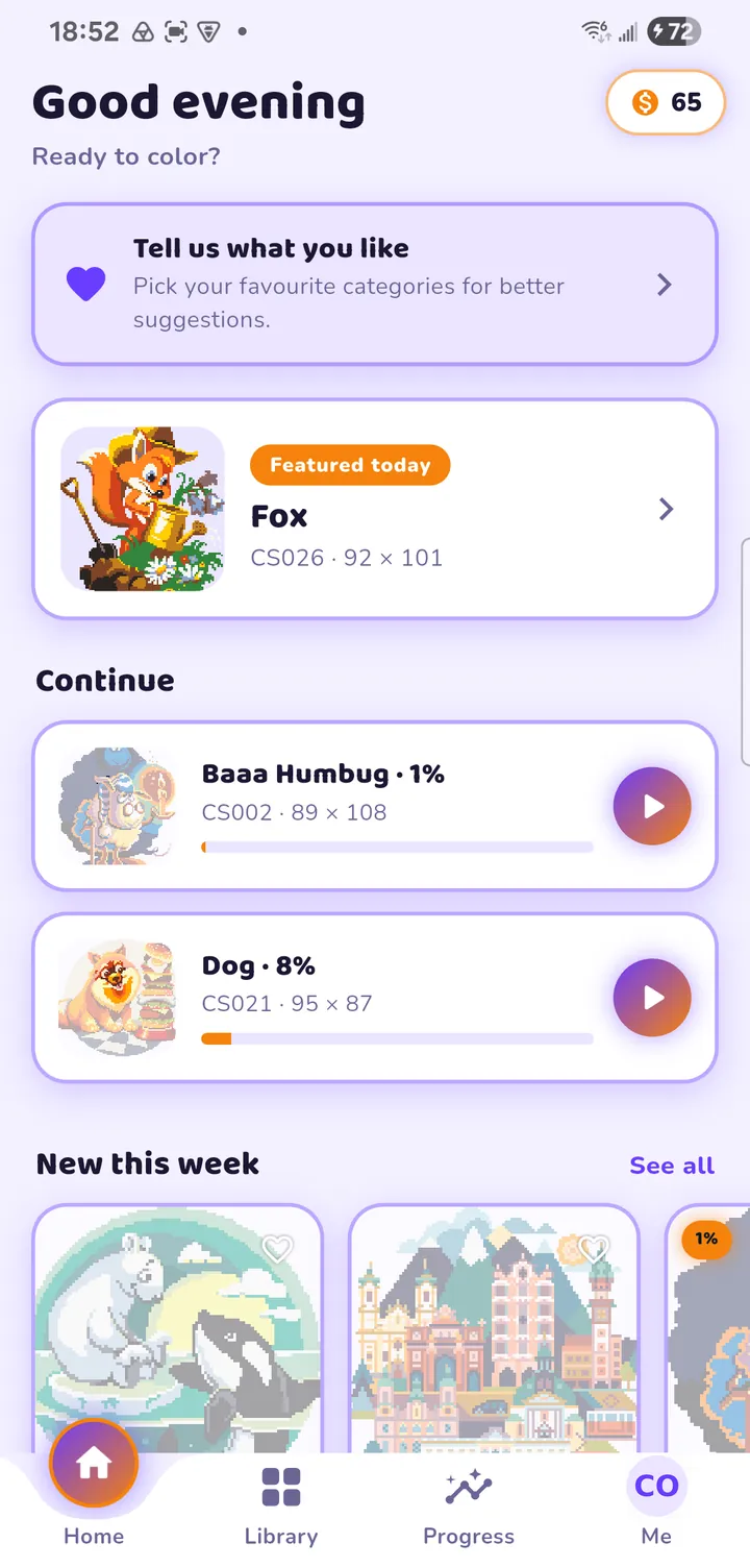 The Coloranto home screen: a featured pattern and two in progress